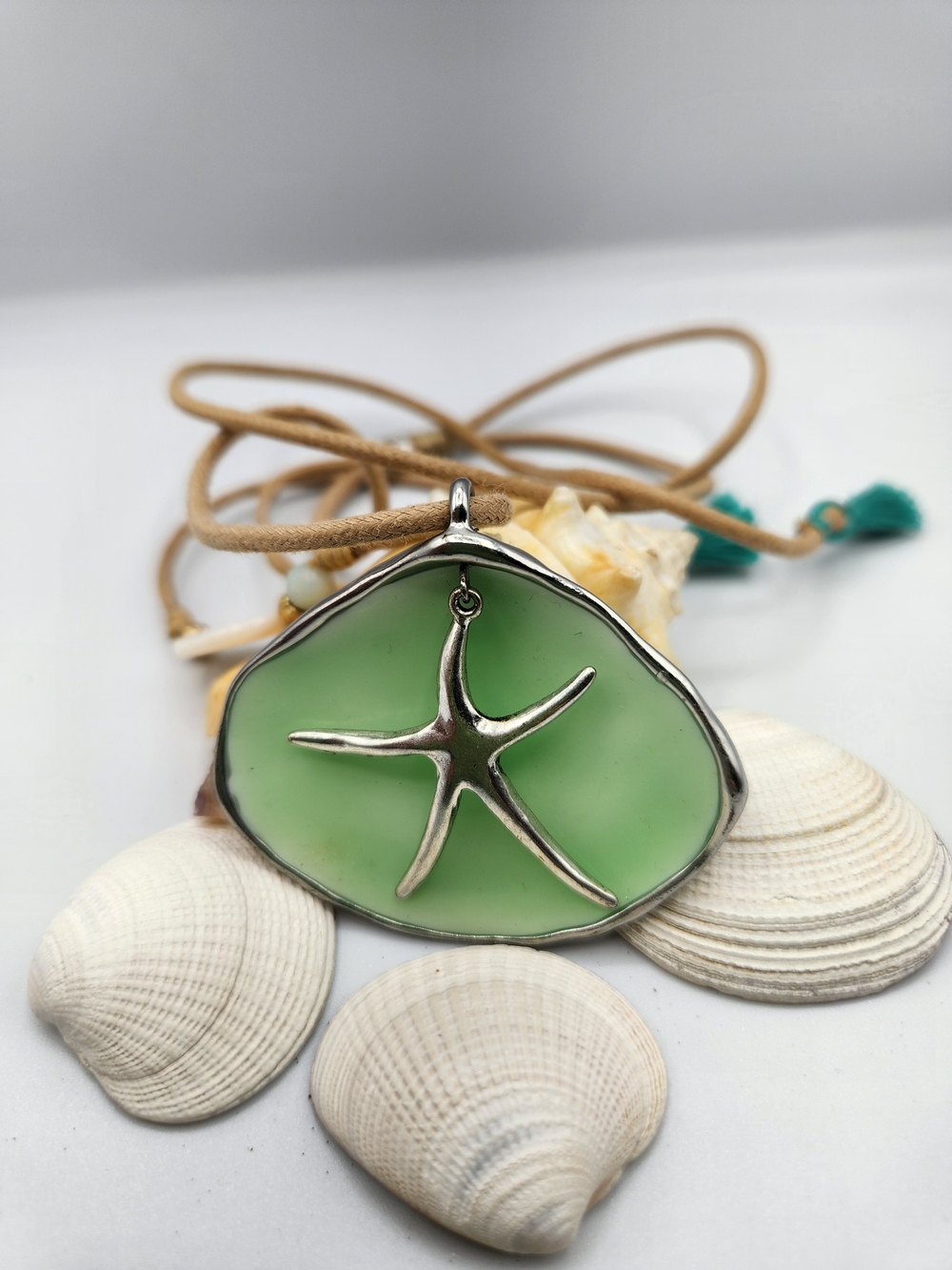 J. Jill Coastal Starfish Sea Glass Pendant Necklace Adjustable Cord Boho NWT